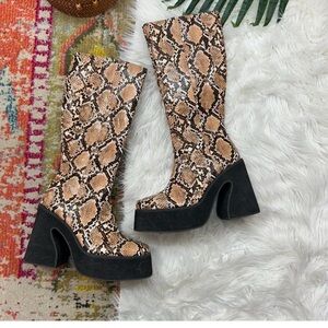Nasty Gal Brown Black Snakeskin Print Chunky Platform Tall Knee High Boots 6